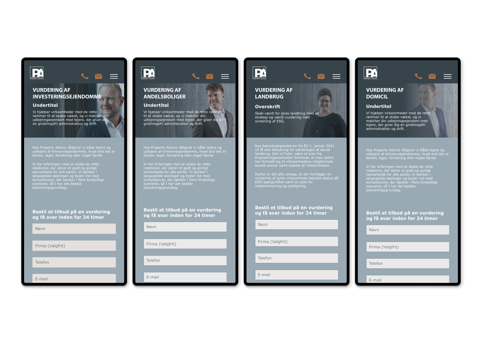 four mobile screens with different real estate agents shown on each page